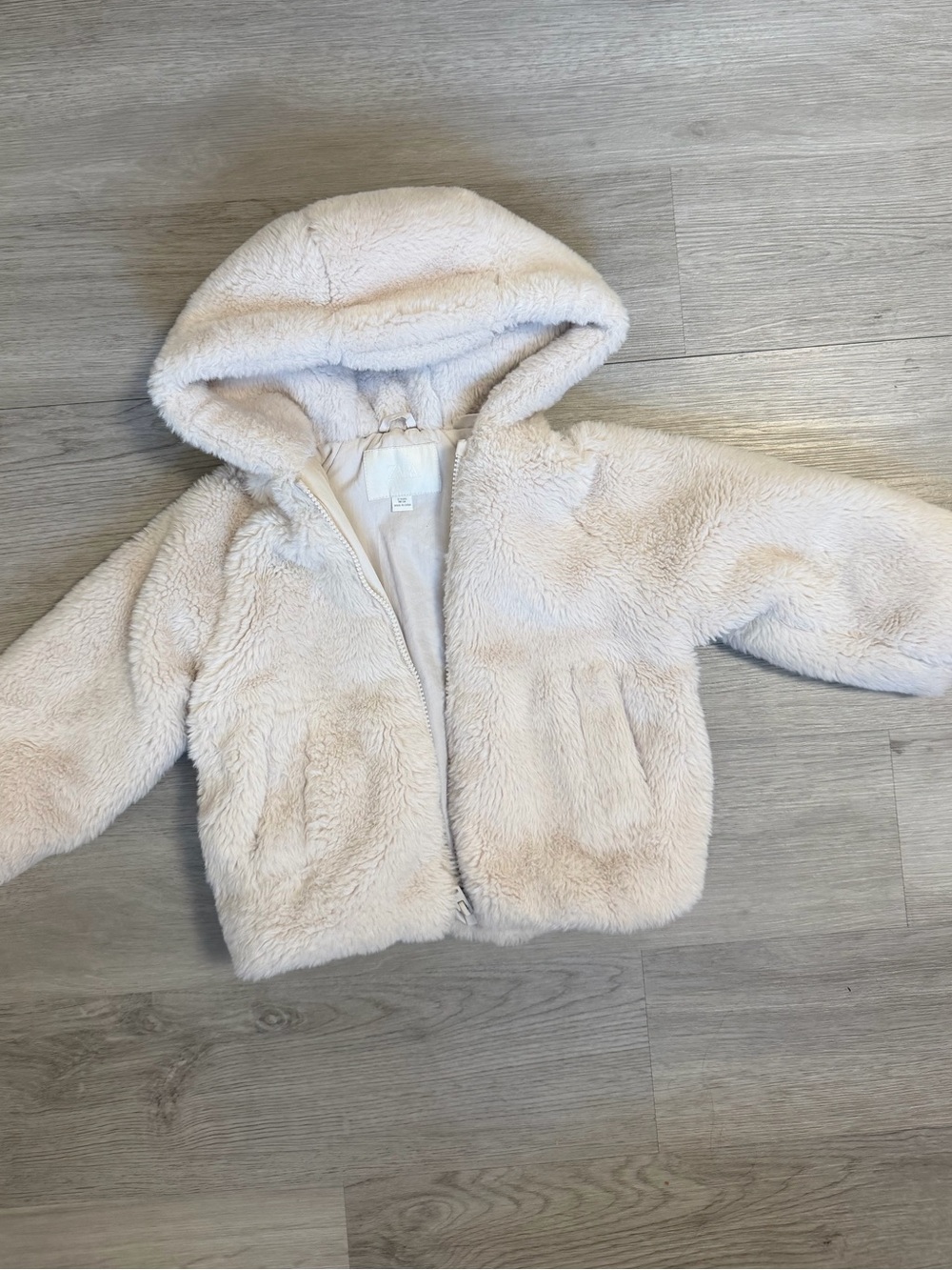 Zara Kids Hooded Faux Fur Jacket Coat Ecru Beige - Size 3 Years / 3T